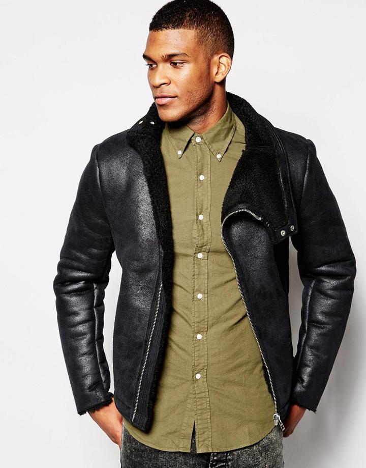 Asos Faux Shearling Jacket In Black - Black