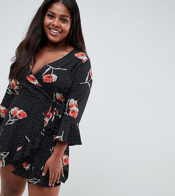 Influence Plus Floral And Polka Dot Frill Wrap Dress - Black