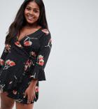 Influence Plus Floral And Polka Dot Frill Wrap Dress - Black