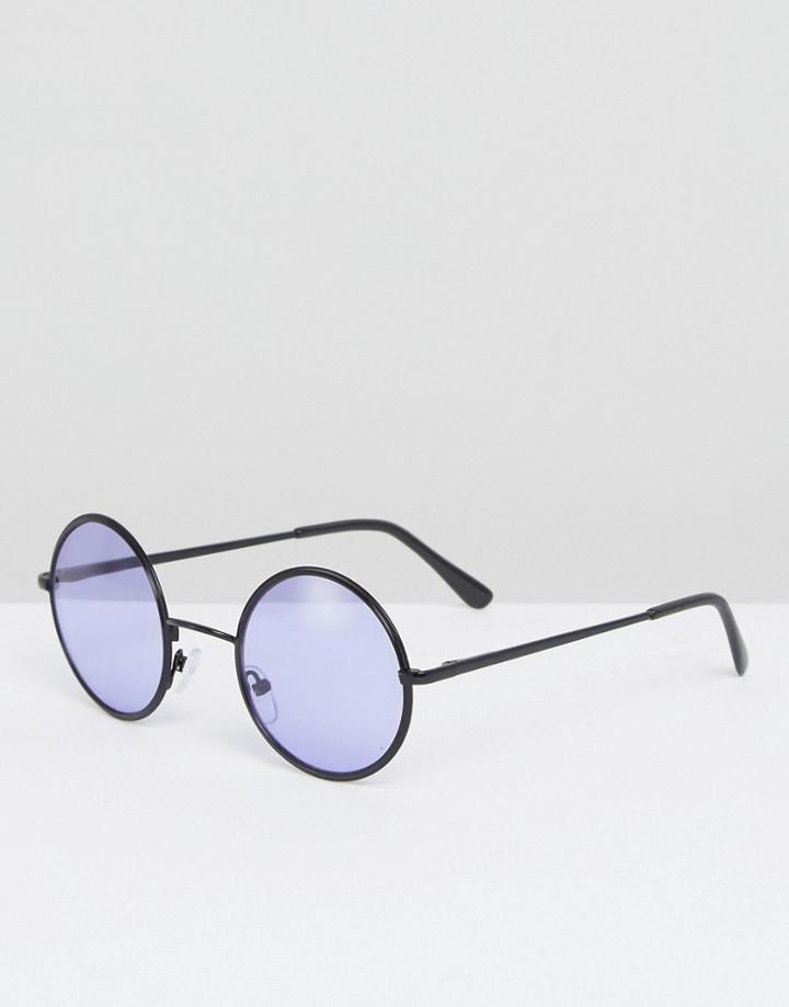 Asos Round Sunglasses In Black With Purple Lens - Black