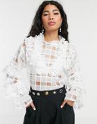 Sister Jane Blouse With Ruffle Detail In Sheer Organza Check - White