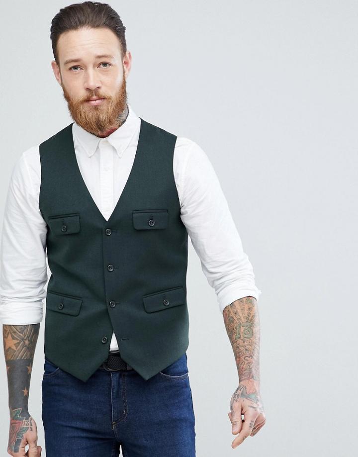 Asos Super Skinny Vest In Dark Green Wool Mix - Green
