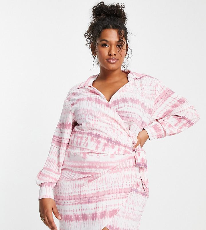 Saint Genies Plus Tie Side Shirt Mini Dress In Pink Print