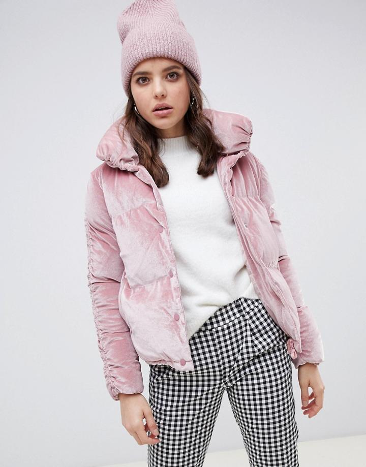 Qed London Ruched Sleeve Velvet Padded Jacket - Pink