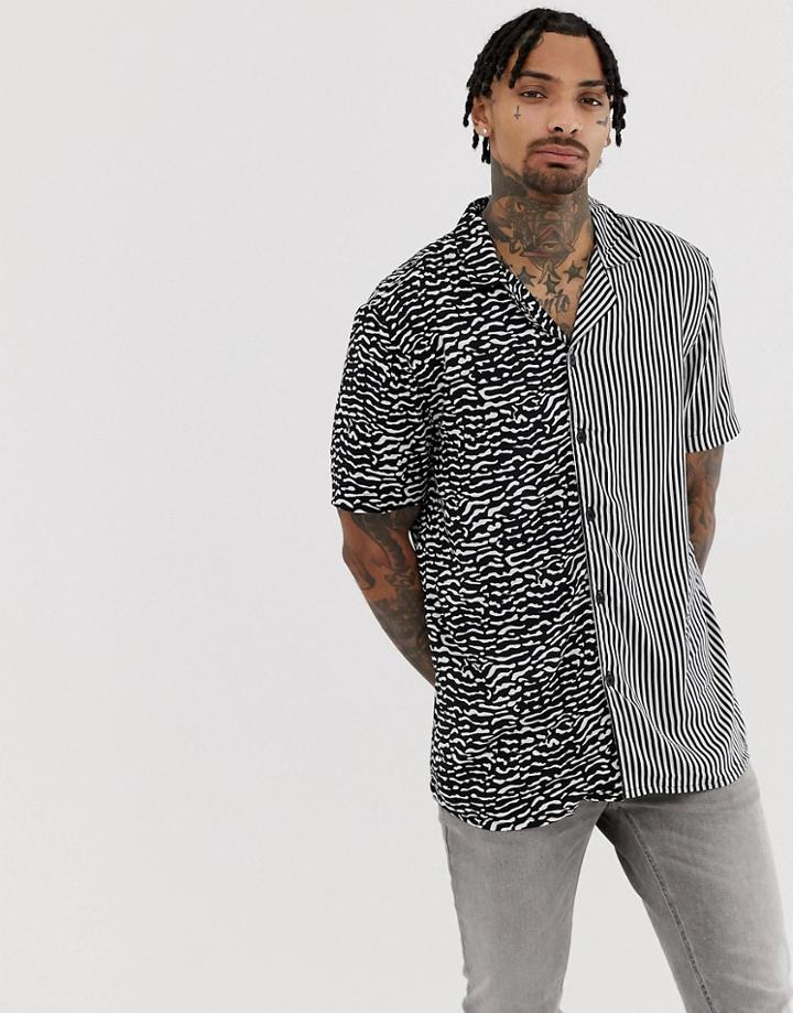 Another Influence Mixed Print Revere Collar Short Sleeve Shirt - Black