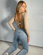 Na-kd Open Twist Back Knitted Crop Sweater In Beige-neutral