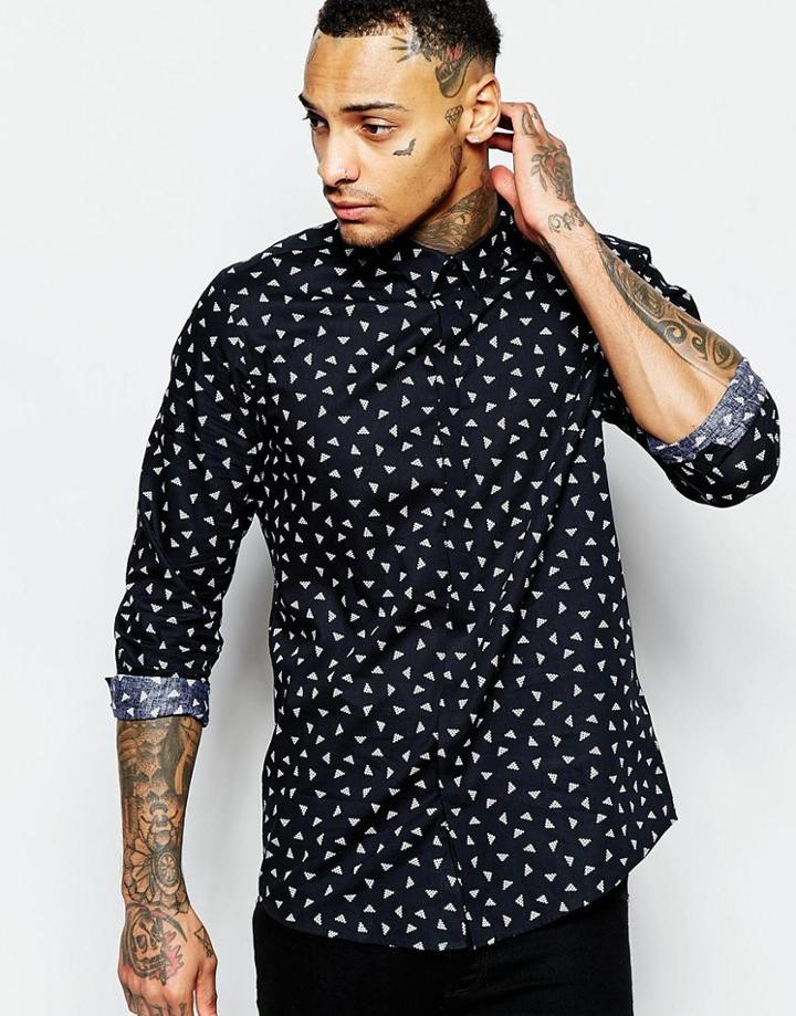 Asos Shirt In Triangle Ditsy Print With Long Sleeve - Black