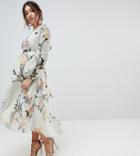Hope & Ivy Maternity Long Sleeve Printed Dress With Lace Trim And Ruffle Open Back Detail-multi