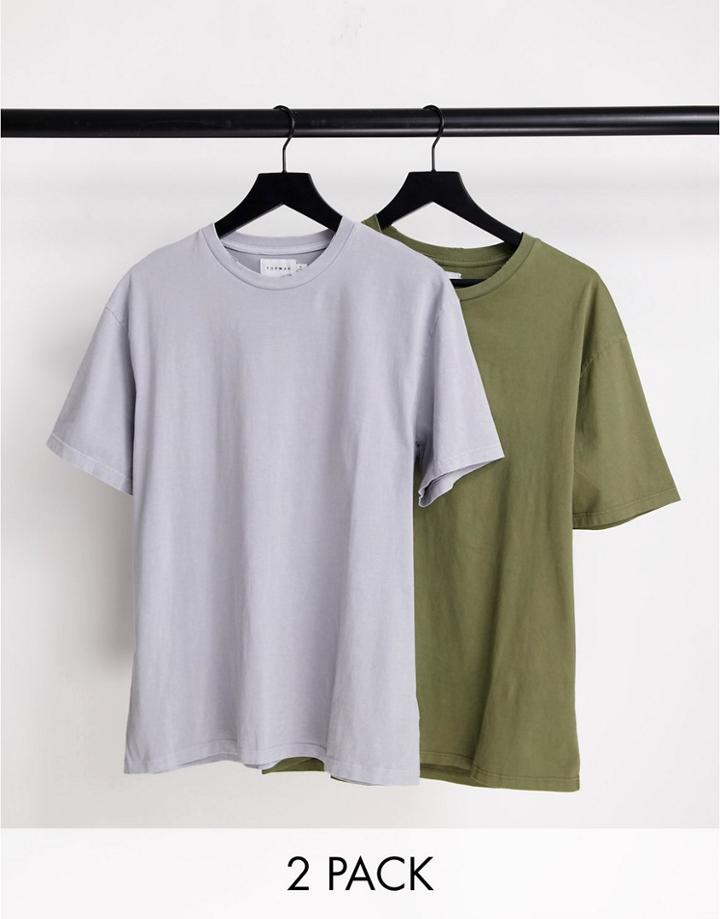 Topman 2 Pack Oversized Fit T-shirt In Washed Khaki And Washed Gray-multi