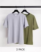 Topman 2 Pack Oversized Fit T-shirt In Washed Khaki And Washed Gray-multi