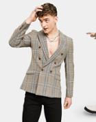 Asos Design Skinny Double Breasted Blazer With Prince Of Wales Check In Gray-grey