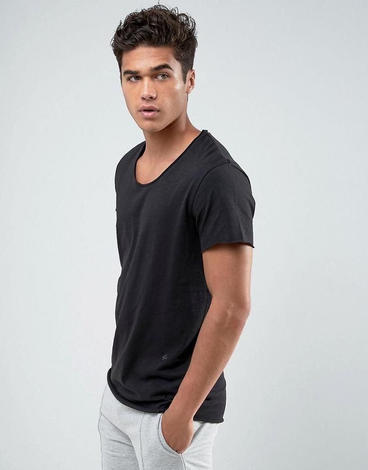 Jack & Jones Originals Long Line T-shirt With Scoop Neck And Raw Hem - Black