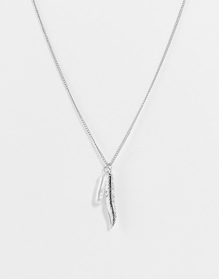 Designb Feather And Pearl Pendant In Silver