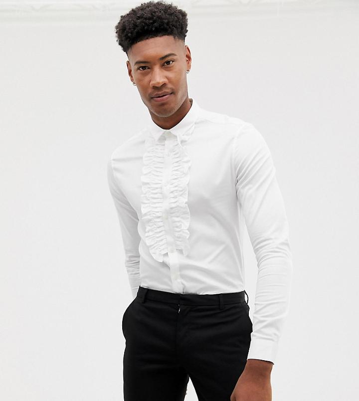 Asos Design Tall Skinny Fit Ruffle Front Shirt In White - White