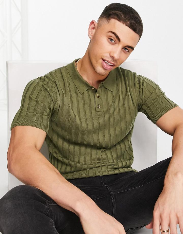 Asos Design Knit Ribbed Polo Shirt In Khaki-green