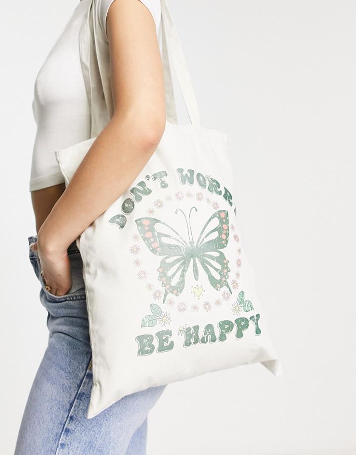 Skinnydip 'don't Worry Be Happy' Tote Bag In Green-white