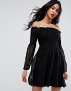 Asos Bardot Shirred Lace Dress With Trumpet Sleeve - Black