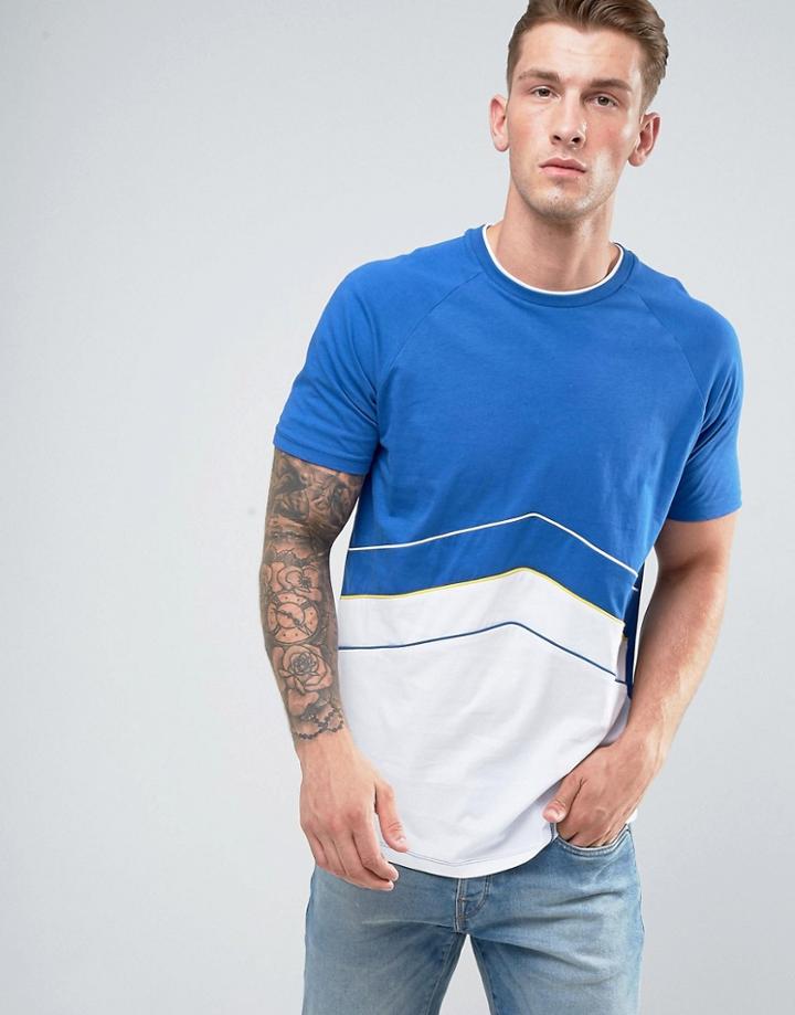 Asos Longline T-shirt With Retro Cut And Sew Panelling In Blue - Blue