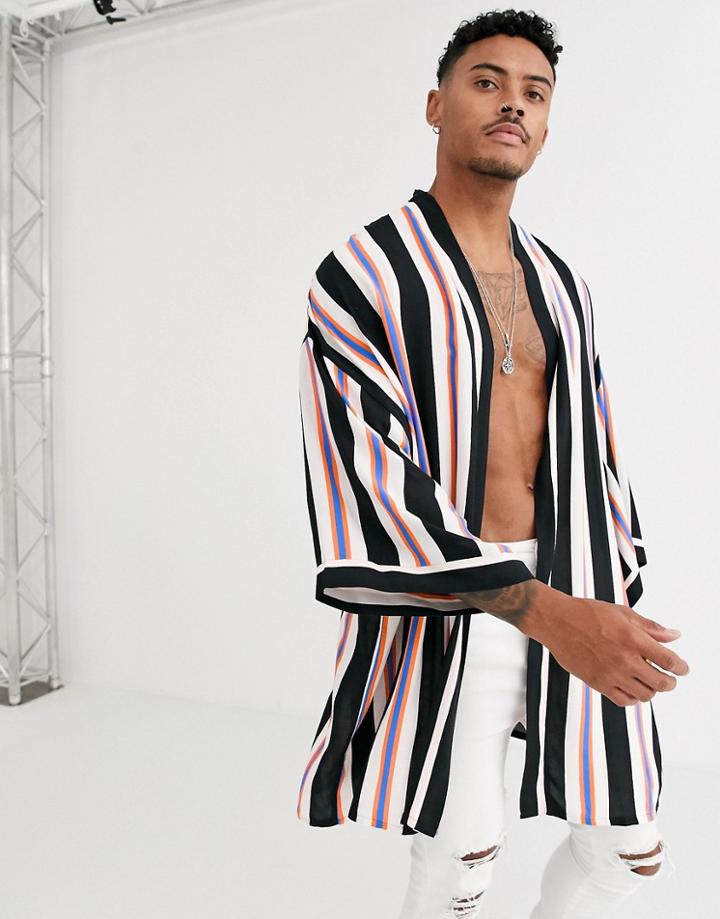 Asos Design Kimono In Neon Stripe - Black