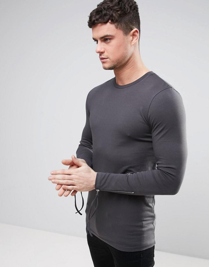 Asos Longline Muscle T-shirt In Black With Zip Sleeve - Black