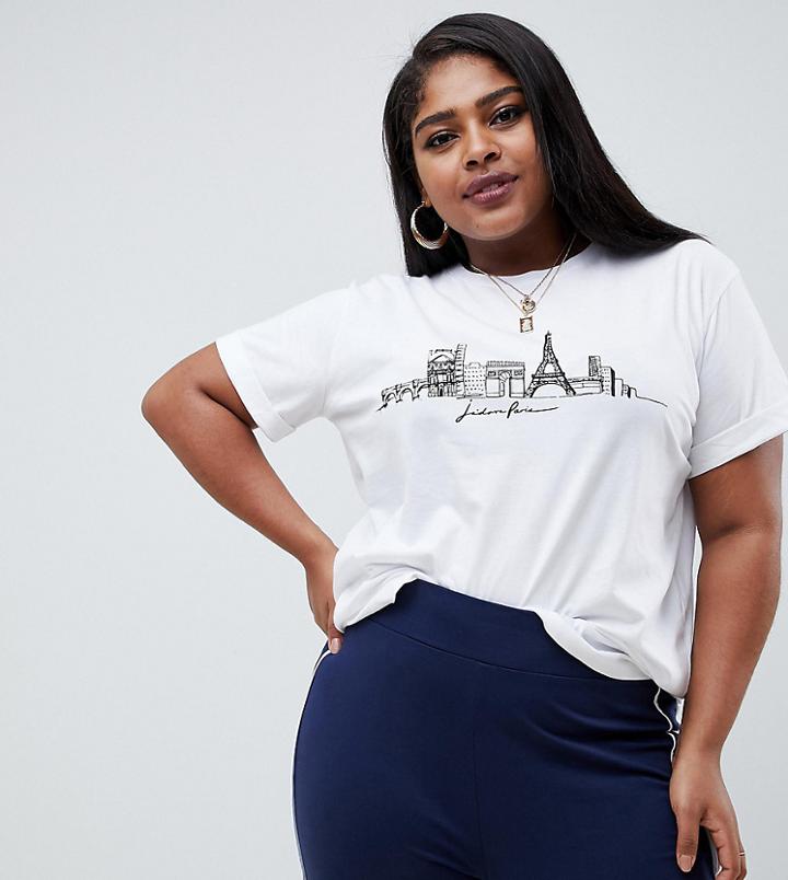 Asos Design Curve T-shirt With Sketchy Paris City Print - White