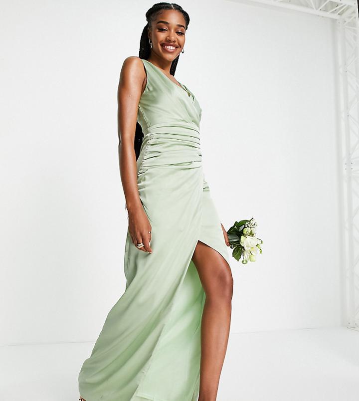 Liquorish Tall Bridesmaid Satin Wrap Front Maxi Dress With Wrap Skirt In Fresh Sage-green