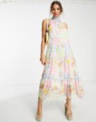 Asos Design High Neck Tiered Maxi Dress In Bright Postcard Print-multi