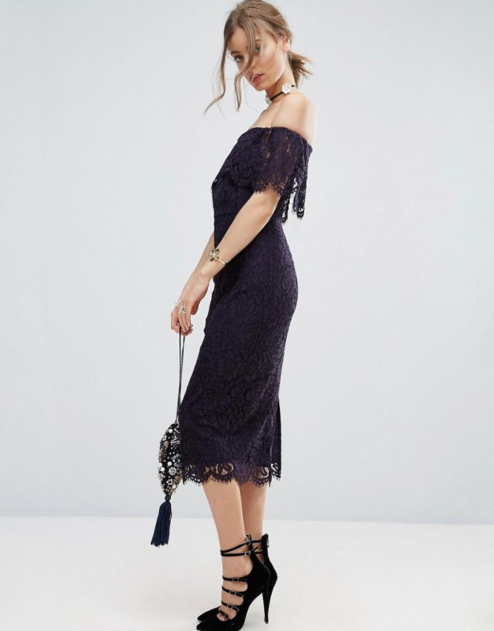 Asos Lace Bardot Midi Pencil Dress - Navy