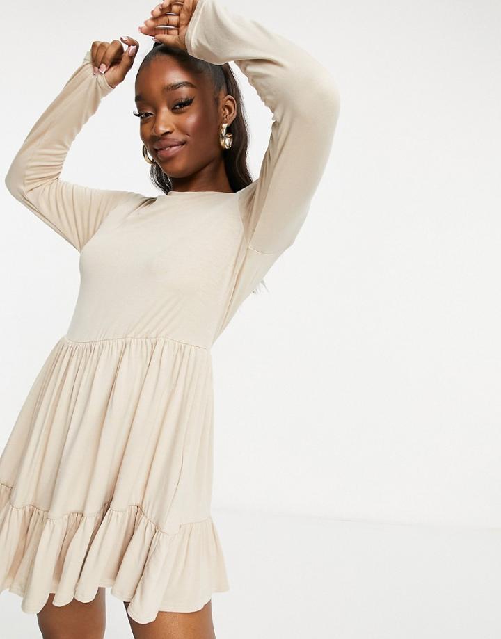 Missguided Long Sleeve Smock Dress With Frill Hem In Sand-neutral