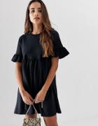 Asos Design Sweat Smock Dress With Frill Sleeve-black