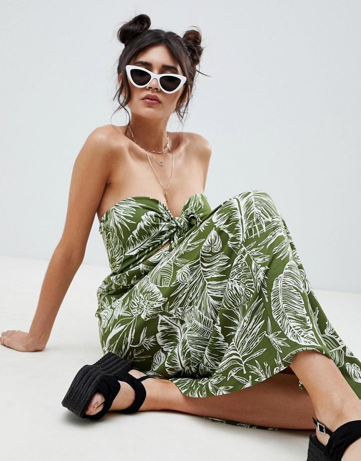 Asos Design Midi Sundress With Tie Front In Green Palm - Multi