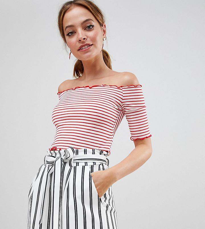 Boohoo Petite Frill Hem Stripe Bardot Top - Red