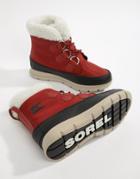 Sorel Explorer Carnival Waterproof Red Nylon Boots With Microfleece Lining - Brown