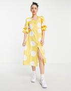 Vero Moda Square Neck Puff Sleeve Midi Dress In Yellow & White Spot-multi