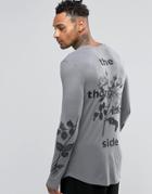 Asos Rib Muscle Longline Long Sleeve T-shirt With Floral Print - Gray
