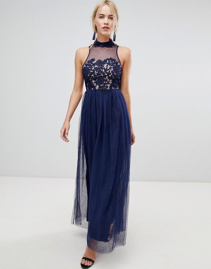 Little Mistress Embellished Maxi Dress Wirh Mesh Detail - Navy