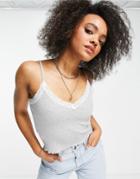 Stradivarius 90's Ribbed Cami With Lace Detail In Gray-grey