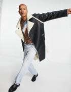 Asos Design Faux Leather Trench Coat In Black With Ecru Shearling Lining