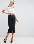 Asos Denim Button Through Midi Skirt With Cutwork Hem - Washed Black
