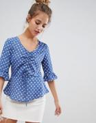 Qed London Polka Dot Ruched Blouse - Blue