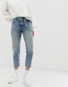 Asos Design Florence Authentic Straight Leg Jeans In Aged Wash With Carabiner Detail - Blue