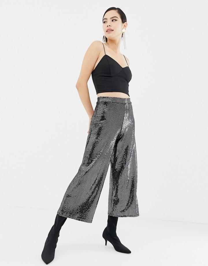 Miss Selfridge Wide Leg Cropped Pants In Gunmetal Sequin - Silver