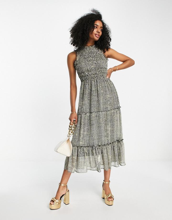 River Island Frill Hem Shirred Midi Dress In Black Spot
