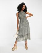 River Island Frill Hem Shirred Midi Dress In Black Spot