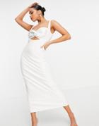 Yaura Peekaboo Twist Bust Satin Midi Dress With Thigh Split In Ivory-white