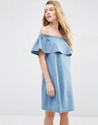 Asos Denim Bardot Off Shoulder Dress With Ruffle - Blue