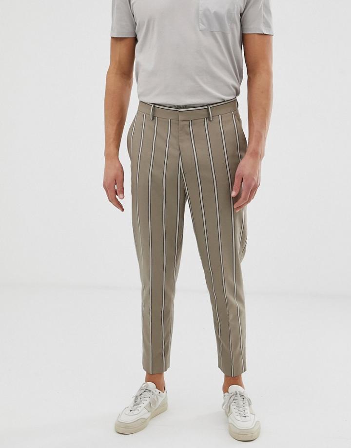 Asos Design Tapered Crop Smart Pants In Beige With Pin Stripe-gray