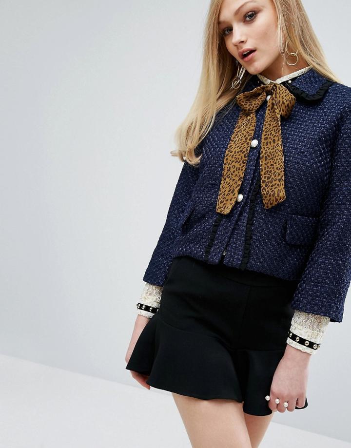 Sister Jane Cropped Jacket With Leopard Chiffon Bow - Navy