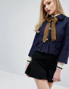 Sister Jane Cropped Jacket With Leopard Chiffon Bow - Navy