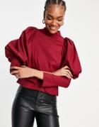 Asos Design Cotton High Neck Top With Volume Puff Sleeves In Berry-no Color